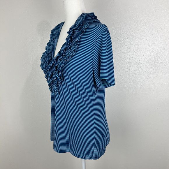 Soft Surroundings Blouse Women Medium Blue Striped Ruffle Collar Short Sleeve - Picture 2 of 13